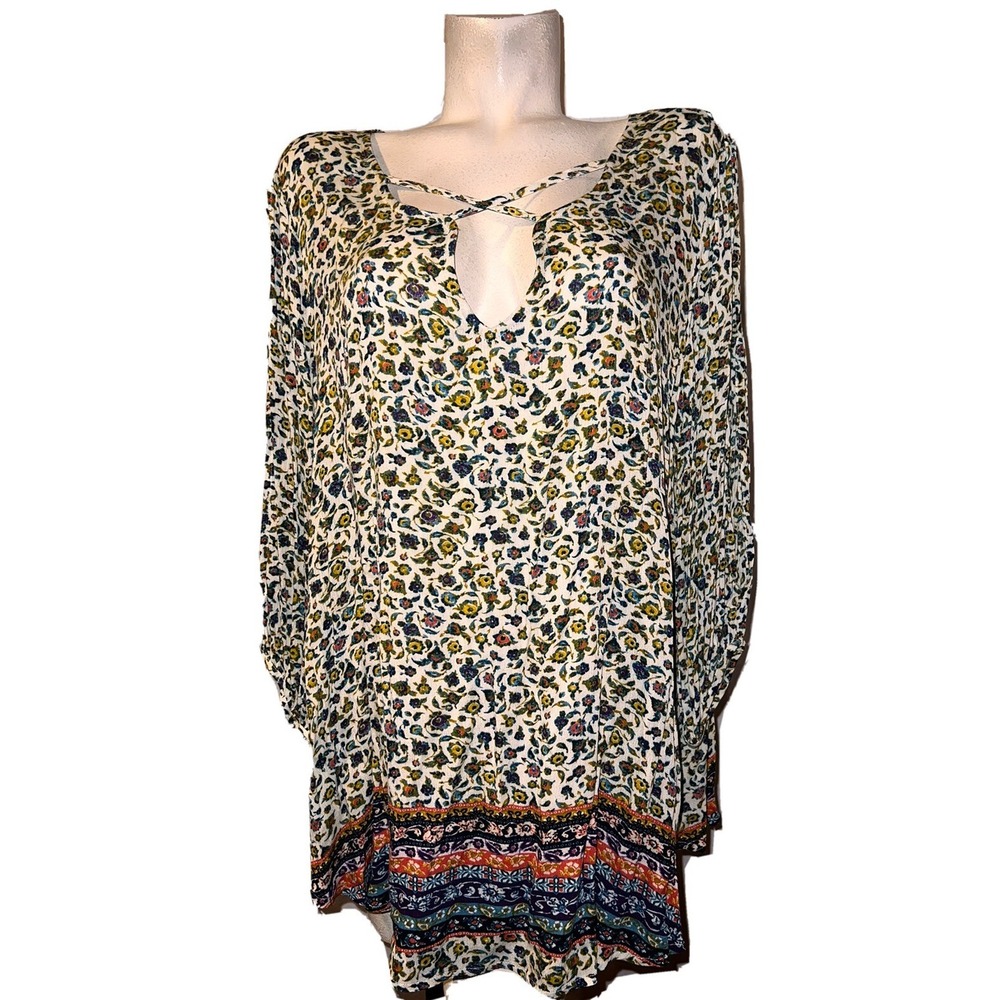 Eyeshadow Womens 1X Floral Crisscross Neck Tunic Top Boho Long Sleeve New